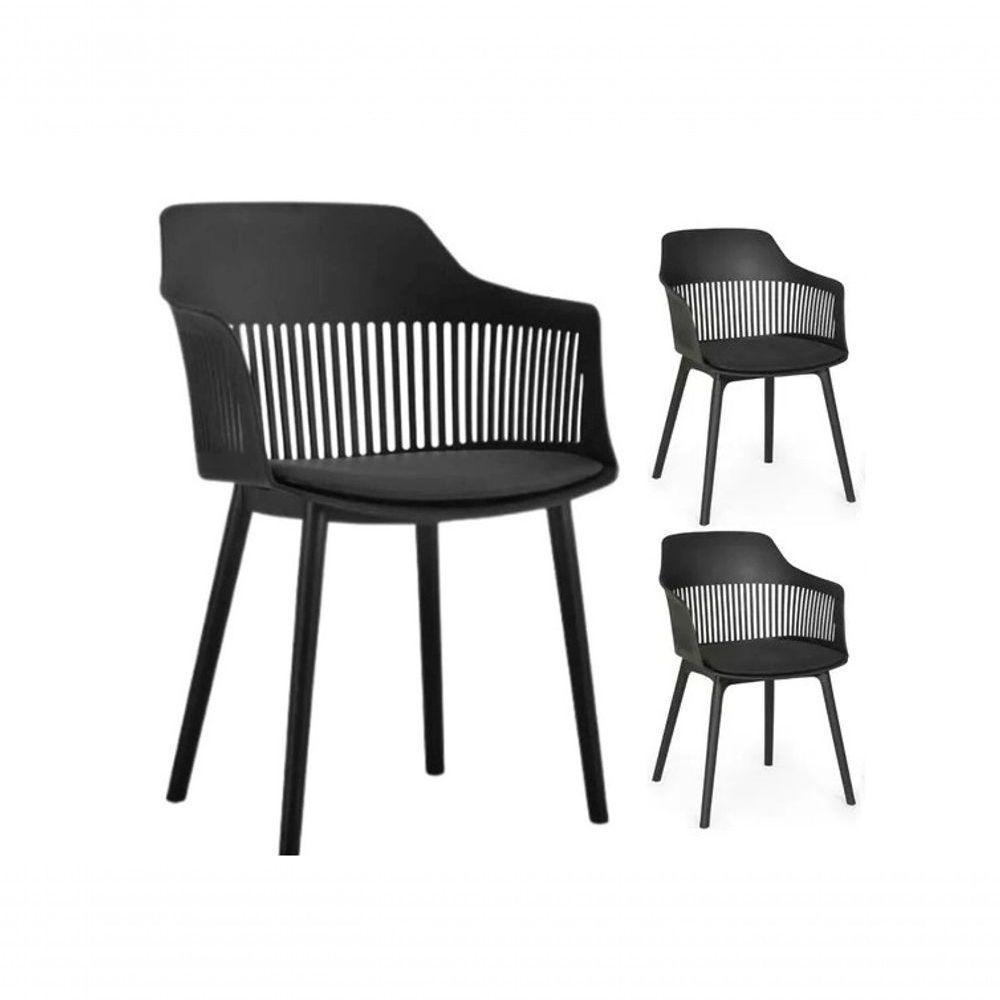 Kit 3 Cadeiras Marcela Montreal Em Polipropileno Assento Estofado Preto - 1