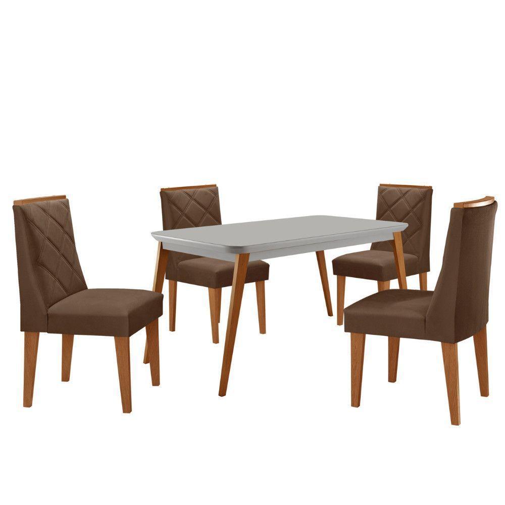 Mesa De Jantar Copper 120cm Mdf Vidro Com 4 Cadeiras Moderna Veludo Marrom/nat/off/serig. Off - 2