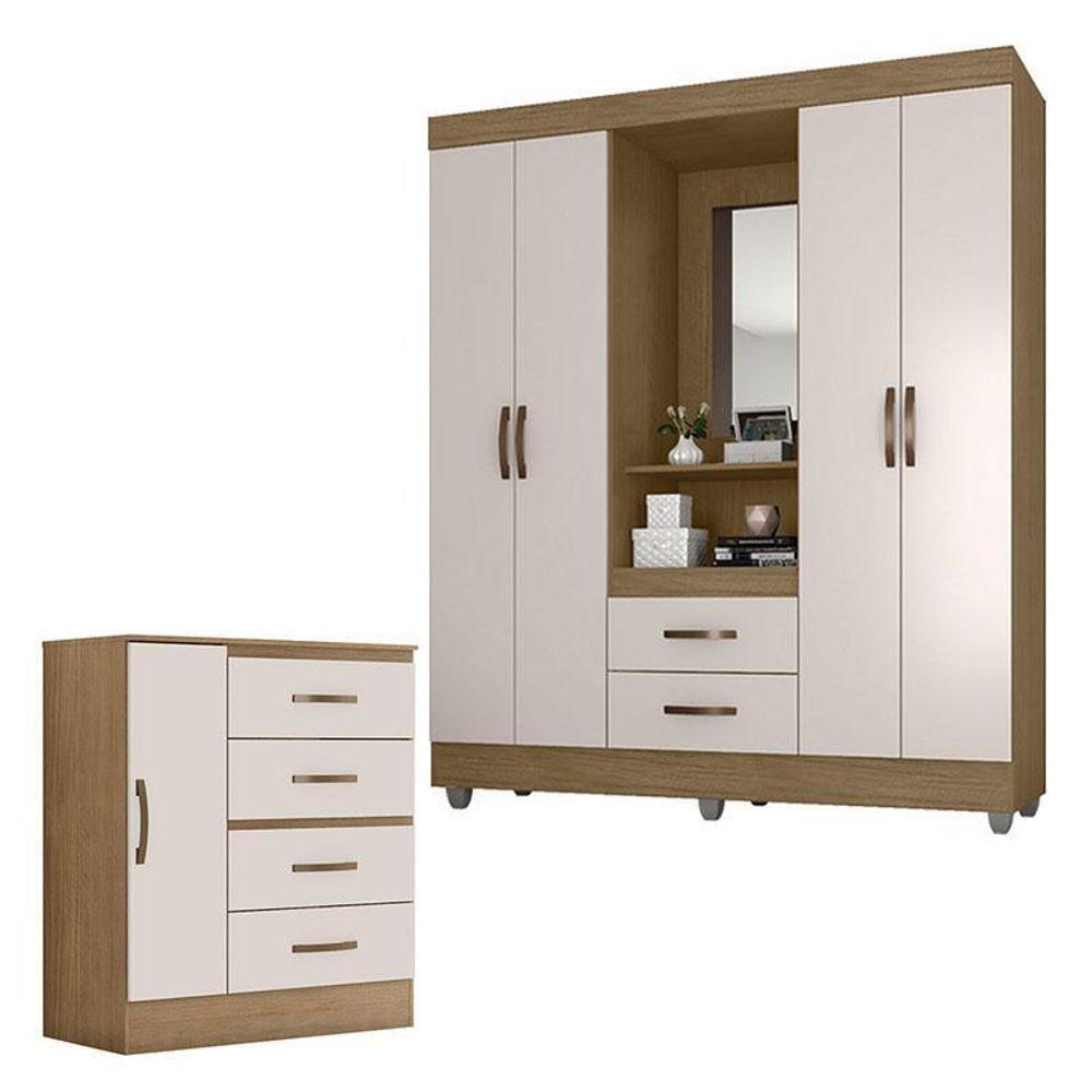 Guarda Roupa Casal Capela E Cômoda 4 Gavetas 01 Porta Lite Nature Off White – Móveis Leão - 1