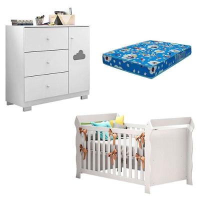 Conjunto Berço Americano Lara com Cômoda Infantil Ane em MDF e Colchão Incluso Branco Brilho