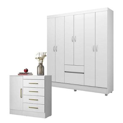 Cômoda e Guarda Roupa Casal Montevidéu Flash 2 7 Portas 6 Gavetas em MDP Branco Flex