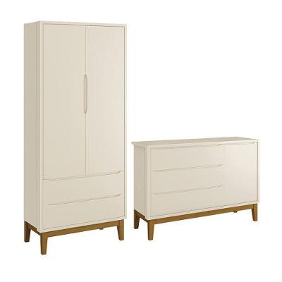 Conjunto de Quarto Infantil Classic com Guarda Roupa 3 Portas 5 Gavetas em MDF Areia Fosco