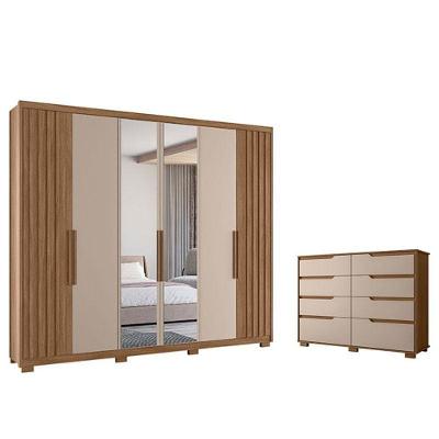 Guarda Roupa Casal e Cômoda Araguaia Georgia 6 Portas Giratórias 8 Gavetas MDP Carvalho Fendi