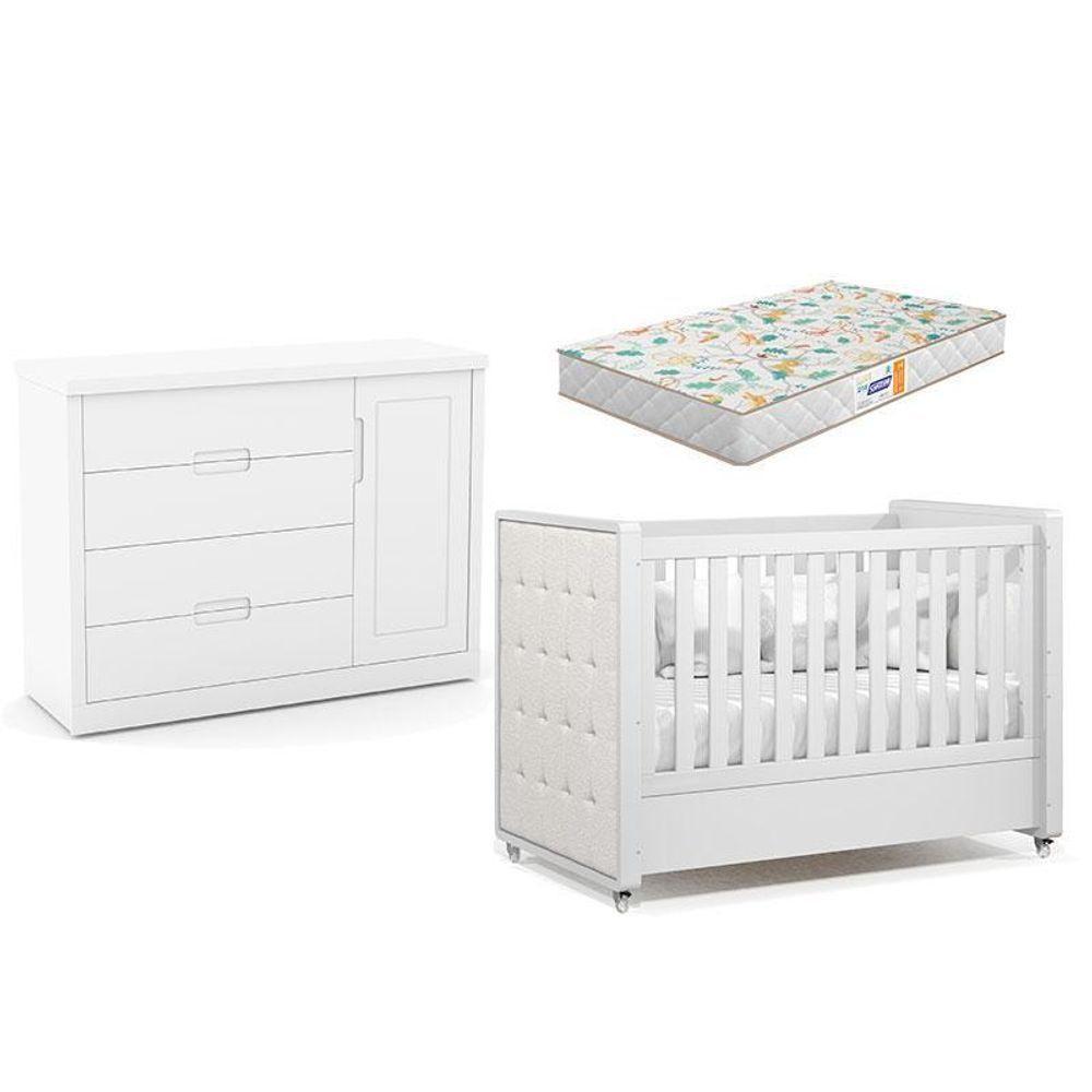 Berço Americano Com Capitonê New Boucle E Cômoda Infantil Tutto New Branco Acetinado E Colchão Gazin - Matic - 1