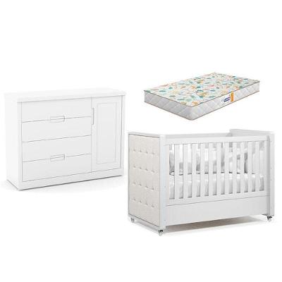 Berço Americano com Capitonê e Cômoda Infantil com Colchão Tutto New 1 Porta 4 Gavetas MDF 140 cm