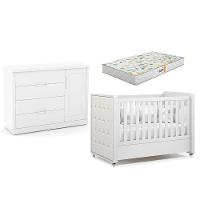 Berço Americano Com Capitonê New Boucle E Cômoda Infantil Tutto New Branco Acetinado E Colchão Gazin - Matic - 1
