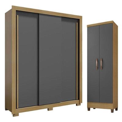 Guarda Roupa Solteiro Nevoa Flex 3 Portas De Correr E Armário Multiuso Egito Carvalho Americano Grafite – Incorplac