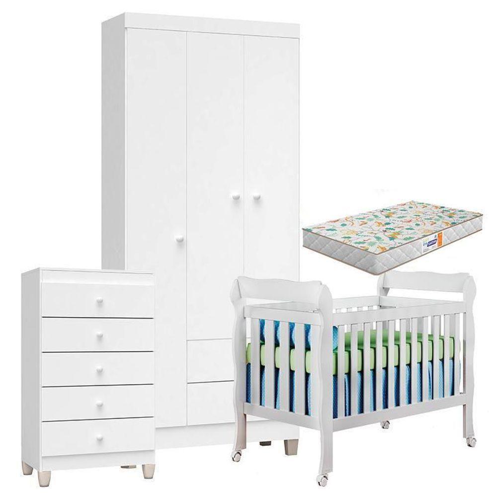 Quarto De Bebê 3 Portas Com Gaveteiro Ternura Baby E Berço Lila Branco Brilho Com Colchão Gazin - Incorplac - 1
