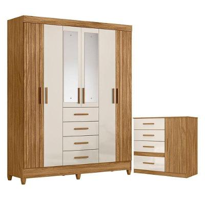 Guarda Roupa Solteiro com Cômoda Aruba Vênus 7 Portas 8 Gavetas MDF MDP Freijó Off White Brilho