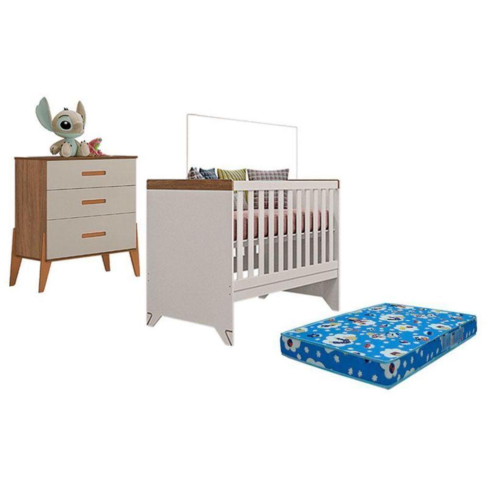 Berço Americano Retro Maya E Cômoda Gaveteiro Emilly Off White Carvalho Com Colchão Ortobom - Canaã - 1