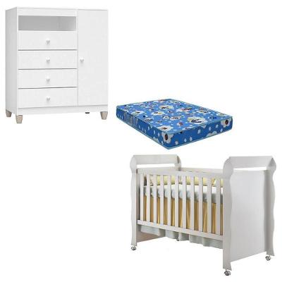 Berço Americano Mirelle em MDF com Colchão e Cômoda Infantil Ternura Baby Branco Brilho