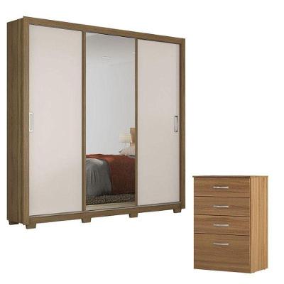 Cômoda e Guarda Roupa Casal Residence Astral 3 Portas de Correr 6 Gavetas em MDP Amêndola Off White