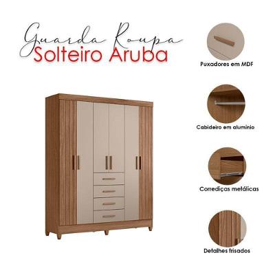 Guarda Roupa Solteiro e Cômoda Aruba Dhara 6 Portas de Bater 4 Gavetas MDP MDF Carvalho Fendi Fosco