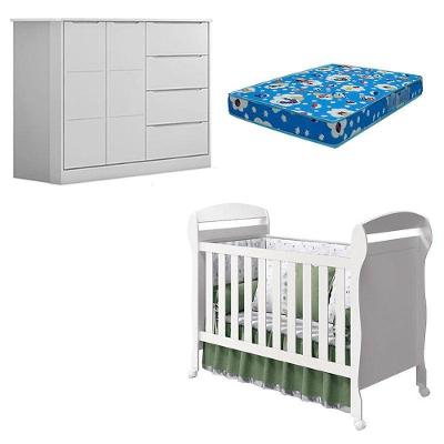 Berço Americano Danny com Cômoda Infantil Eloá em MDF e Colchão Incluso Branco Acetinado