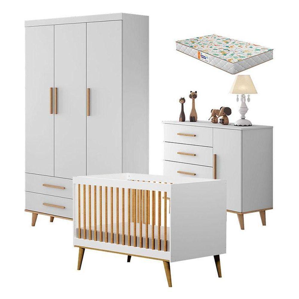 Quarto De Bebê Ludmila Com Berço Ligia Branco Acetinado Bétula Com Colchão Gazin - Carolina Móveis - 1
