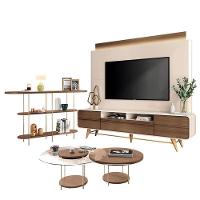 Estante Home Theater Nobre Off White Castanho E Aparador Infinity E Kit Mesa De Centro Sky Castanho – Hb Móveis - 1