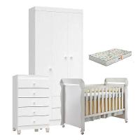 Quarto De Bebê 3 Portas Com Gaveteiro Ternura Baby E Berço Mirelle Branco Brilho Com Colchão Gazin - Incorplac - 1