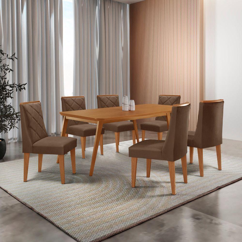 Mesa De Jantar Copper 180cm Tampo Com 6 Cadeiras Moderna Veludo Marrom/naturalle/naturalle - 1