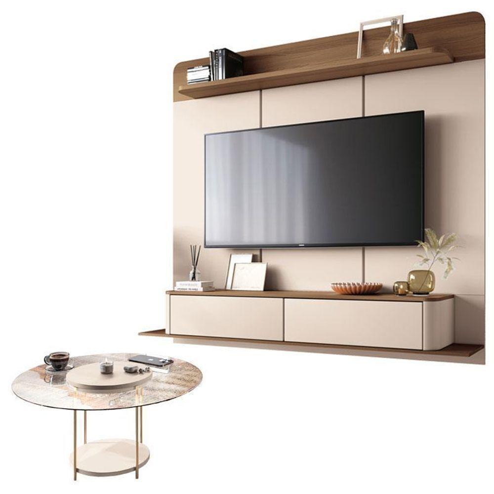 Home Suspenso Galax Castanho Off White E Mesa De Centro Sky Com Tampo De Vidro Off White- Hb Móveis - 1