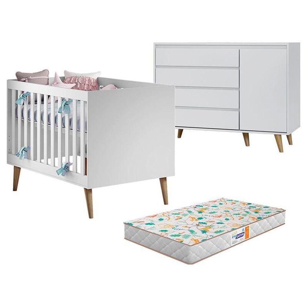 Berço Americano Ludmila E Cômoda Gran Lorena Branco Acetinado Bétula Com Colchão Gazin – Carolina Baby - 1