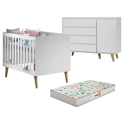 Berço Americano e Cômoda Infantil Ludmila Gran Lorena 1 Porta 4 Gavetas MDF Branco Acetinado Bétula