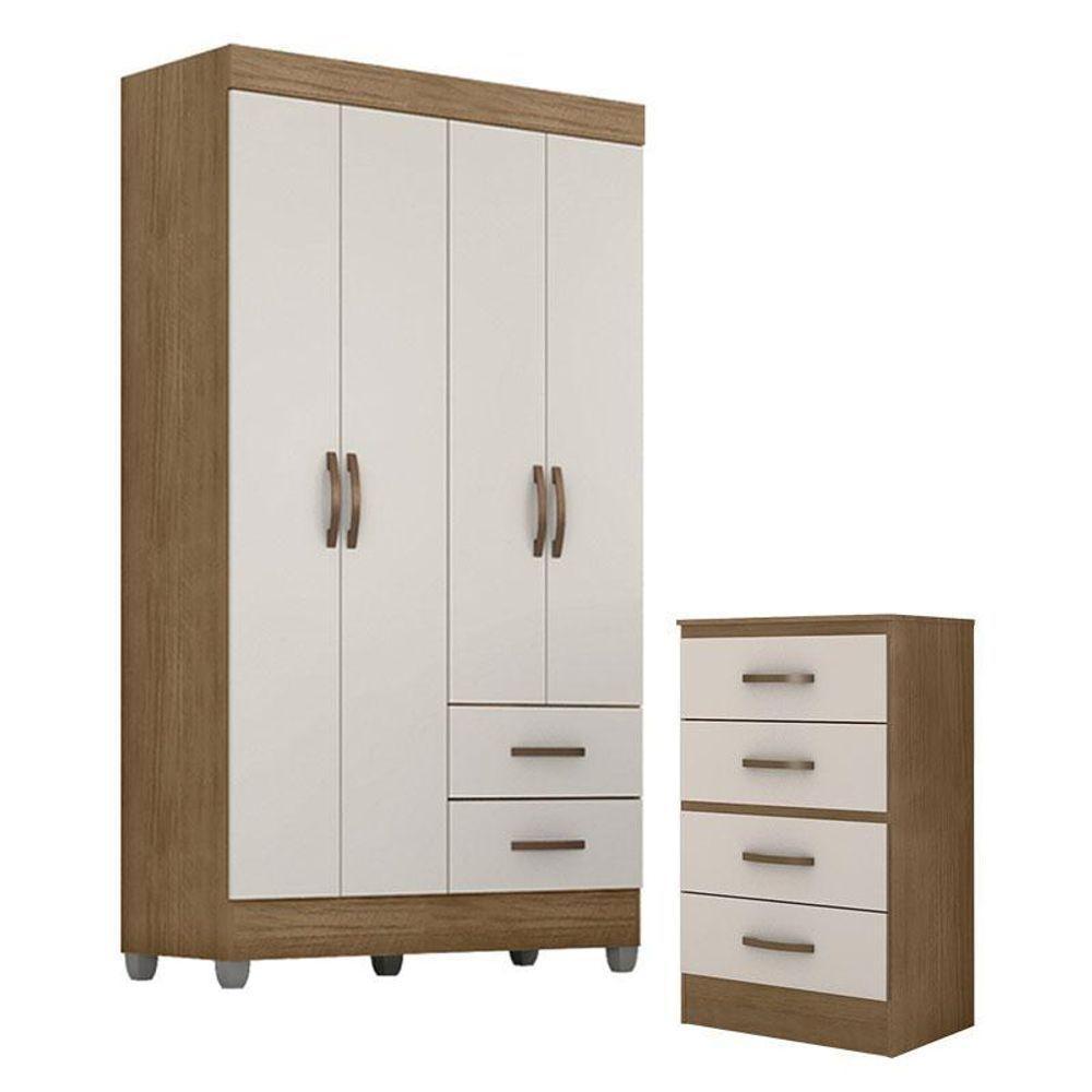 Guarda Roupa Solteiro 4 Portas E Cômoda 4 Gavetas Lite Nature Off White – Móveis Leão - 1