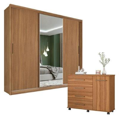 Cômoda e Guarda Roupa Casal Flora Dalila 32415 3 Portas 4 Gavetas MDF com Espelho Amendola Off White