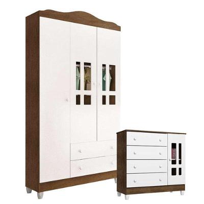 Cômoda e Guarda Roupa Infantil Ariel 3 Portas 6 Gavetas MDP MDF Branco Acetinado Amadeirado