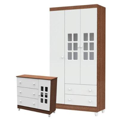 Cômoda Infantil e Guarda Roupa Mariah 3 Portas 2 Gavetas MDF MDP Branco Acetinado Amadeirado