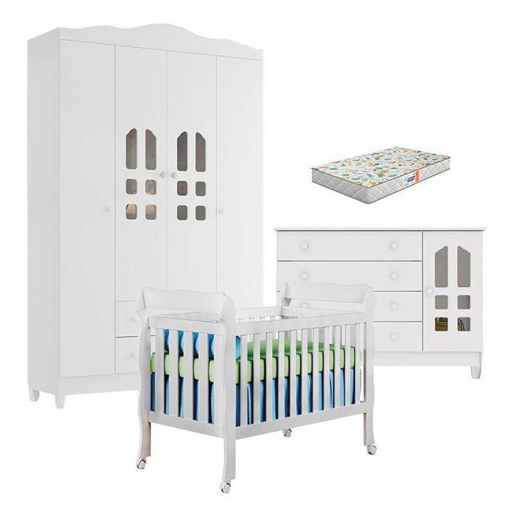Quarto De Bebê New Selena 4 Portas Com Berço Lila E Cômoda Gran Selena Branco Brilho E Colchão Gazin – Carolina Móveis - 1