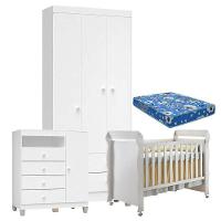 Quarto De Bebê 3 Portas Ternura Baby Com Berço Mirelle Branco Brilho Com Colchão Para Berço Americano - Incorplac - 1