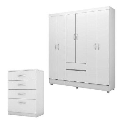 Cômoda e Guarda Roupa Casal Astral Flash 2 6 Portas 2 Gavetas em MDP Branco Flex