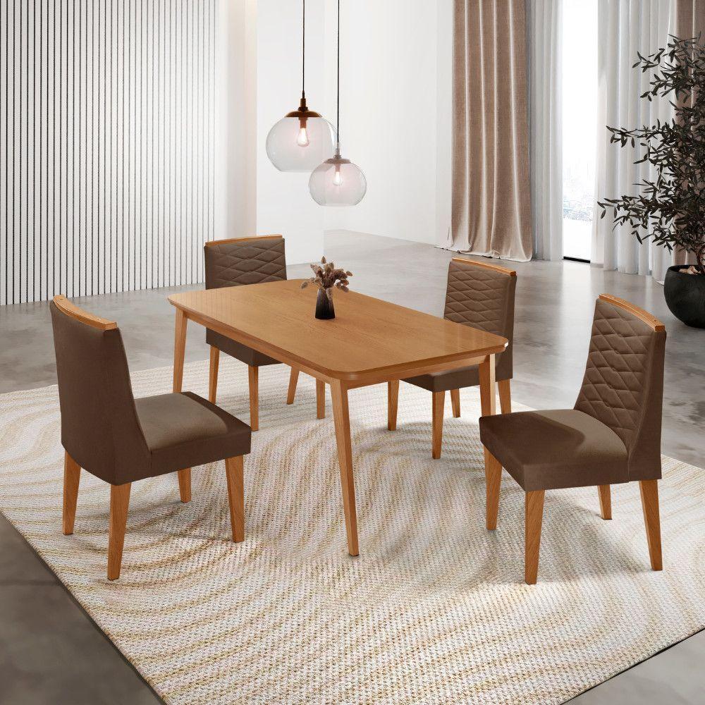 Mesa De Jantar Copper 120cm Tampo Mdf Com 4 Cadeiras Eloise Veludo Marrom/naturalle/naturalle - 1
