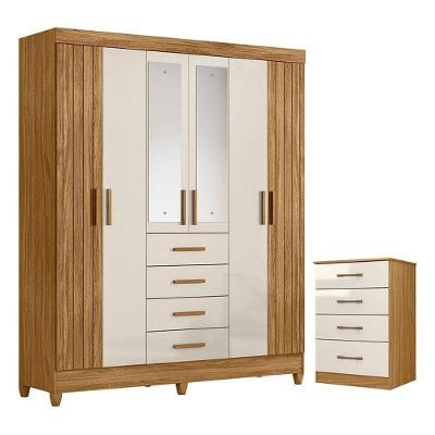 Guarda Roupa Solteiro com Cômoda Aruba Ms913 6 Portas 4 Gavetas MDP com Espelho Freijó Off White