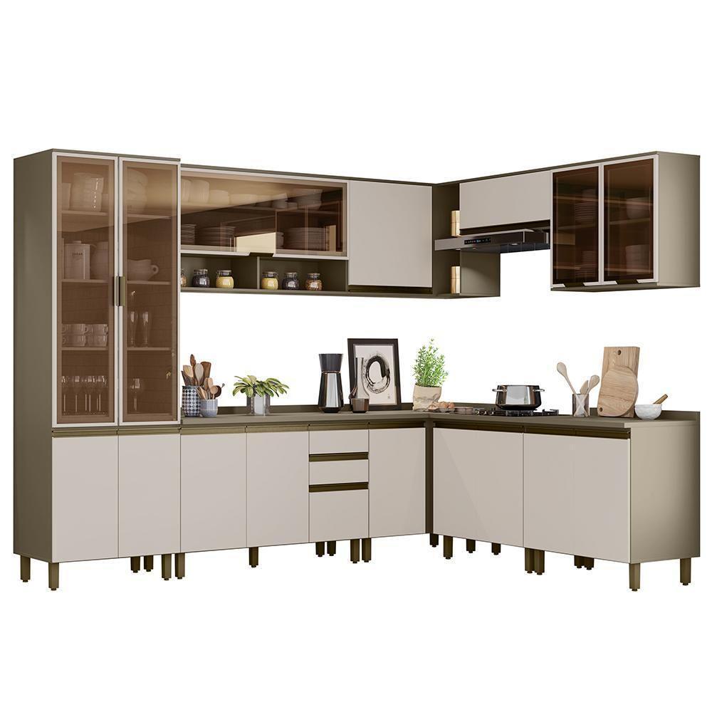Cozinha Completa De Canto 9 Peças Connect Duna/cristal Com Cristaleira E Aéreo Vidro - Móveis Henn Duna/cristal - 1