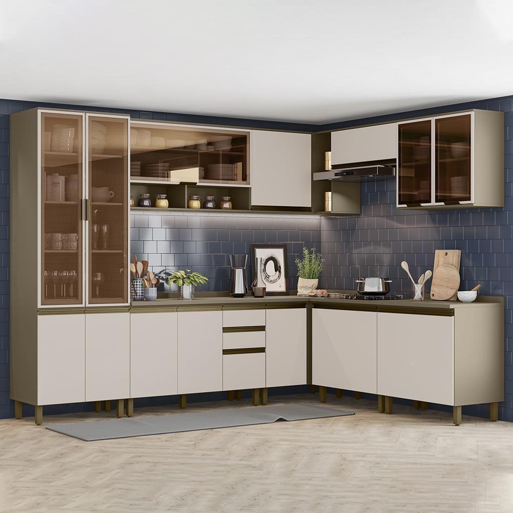 Cozinha Completa De Canto 9 Peças Connect Duna/cristal Com Cristaleira E Aéreo Vidro - Móveis Henn Duna/cristal - 2