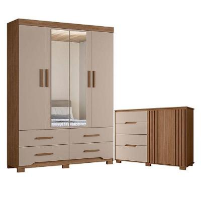 Guarda Roupa Solteiro e Cômoda Miami Texas 4 Portas 4 Gavetas MDP Carvalho Fendi Fosco