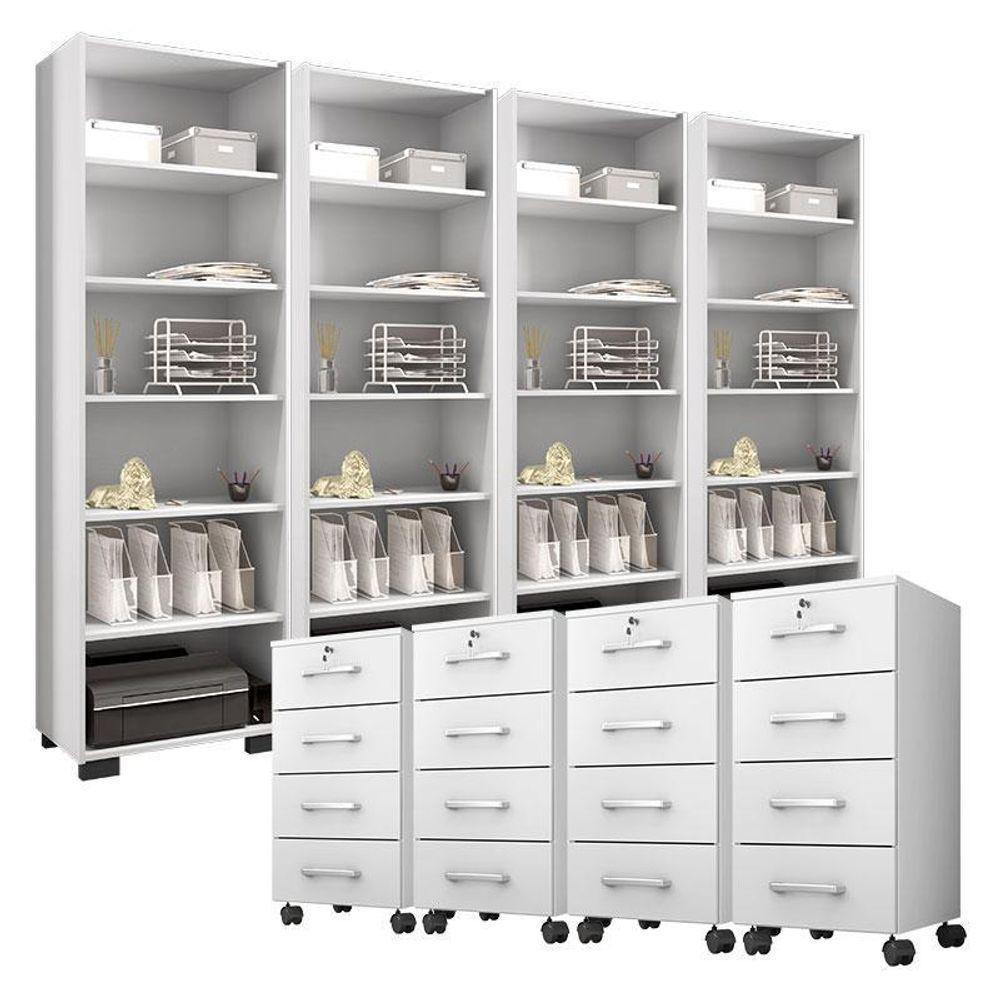 Kit 4 Gaveteiros Para Escritório Gávea Com Chave E 4 Livreiros Office Branco Fosco – Móveis Leão - 1