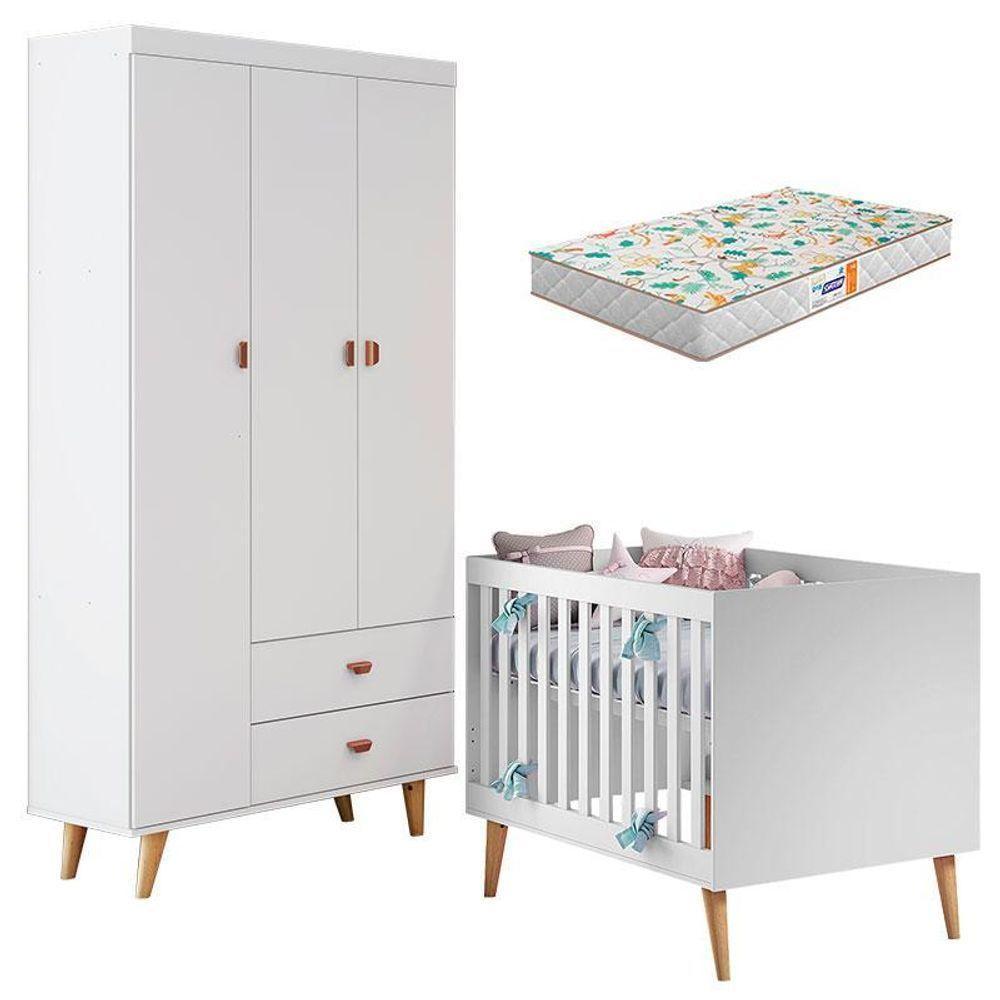 Berço Americano Ludmila E Guarda Roupa 3 Portas Duda Branco Acetinado Bétula Com Colchão Gazin - Carolina - 1