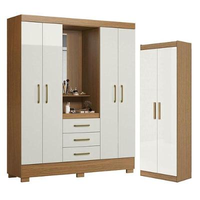 Kit Guarda Roupa Solteiro Paris 4 Portas 3 Gavetas Atacama Off White + Armário Multiuso