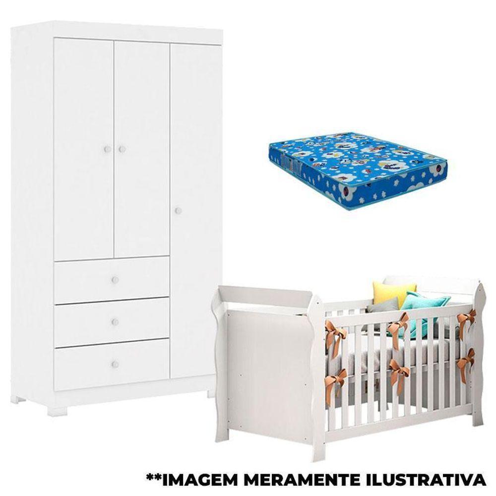 Berço Americano Lara E Guarda Roupa Duda 3 Portas Branco Brilho Com Colchão – Phoenix Baby - 1