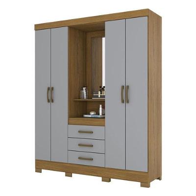 Guarda Roupa Solteiro B24 Nature 4 Portas 3 Gavetas Nature Cinza MDP MDF Briz Móveis