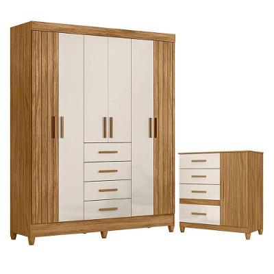 Guarda Roupa Solteiro e Cômoda Aruba e Vênus 7 Portas 8 Gavetas MDF MDP Freijó Off White Brilho