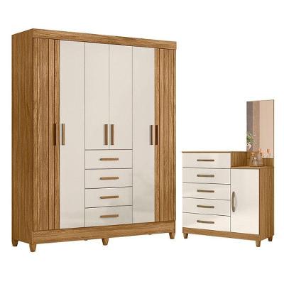 Guarda Roupa Solteiro e Cômoda Aruba Lisboa 7 Portas 9 Gavetas MDF MDP Freijó Off White Brilho