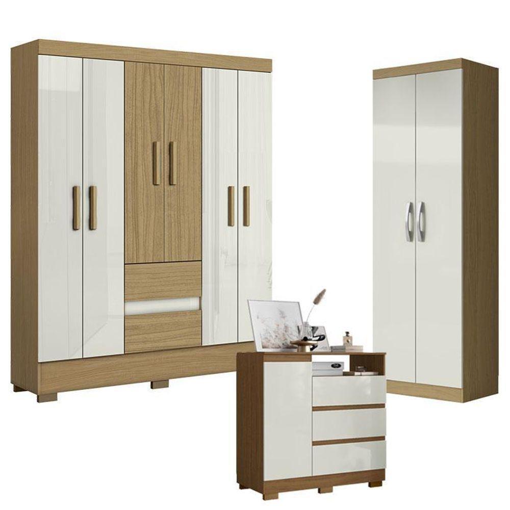 Guarda Roupa Casal Coimbra 2005138 Com Armário Multiuso New 2000192 E Cômoda 2014143 Atacama Off White - Aramóveis - 1