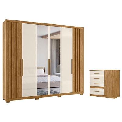 Guarda Roupa Casal e Cômoda Araguaia Vênus 7 Portas 8 Gavetas MDP Freijó Off White