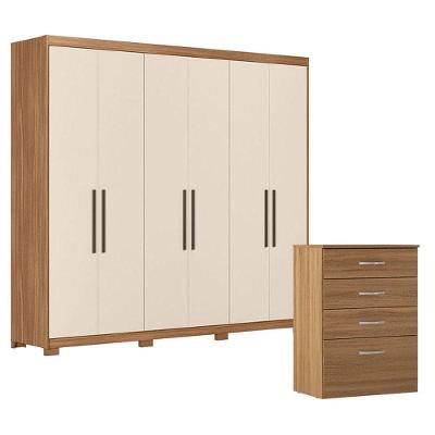 Cômoda Astral e Guarda Roupa Casal Venice 62780PE 6 Portas 4 Gavetas MDF Amendola Touch Off White