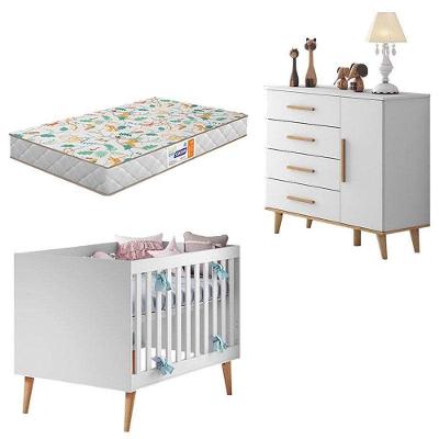 Berço Americano e Cômoda Infantil Ludmila 4 Gavetas MDF 133 cm Branco Carolina