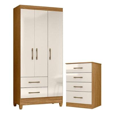 Guarda Roupa Solteiro e Cômoda Lima Ms913 3 Portas 2 Gavetas em MDP com Prateleiras Freijó Off White