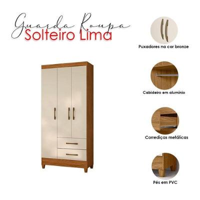 Guarda Roupa Solteiro e Cômoda Lima Ms913 3 Portas 2 Gavetas em MDP com Prateleiras Freijó Off White